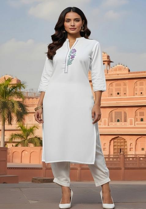 White Embroidery Rayon Kurta With Duppatta