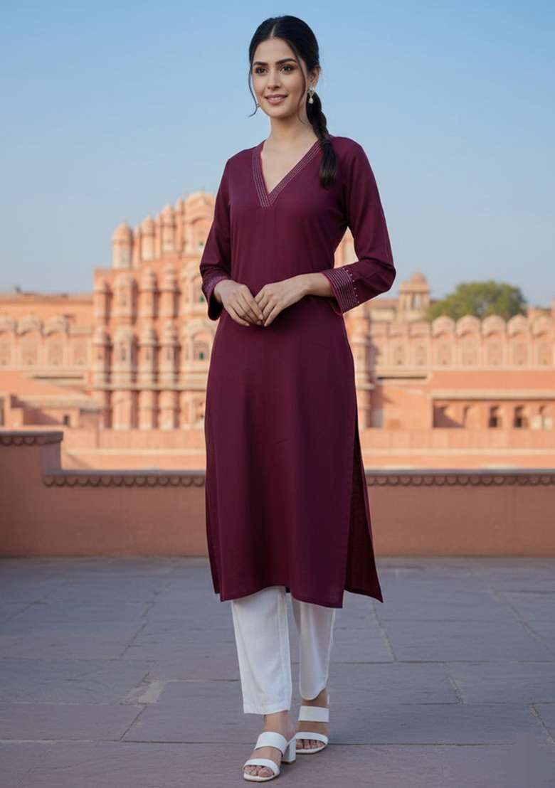 Red Solid Rayon Straight Kurta Set - Indya