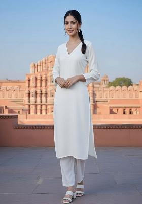White Embroidery Rayon Kurta Set