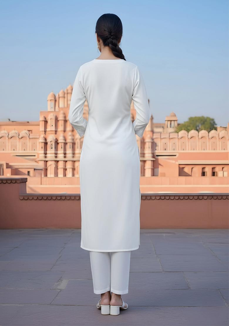 White Embroidery Rayon Kurta Set - Indya
