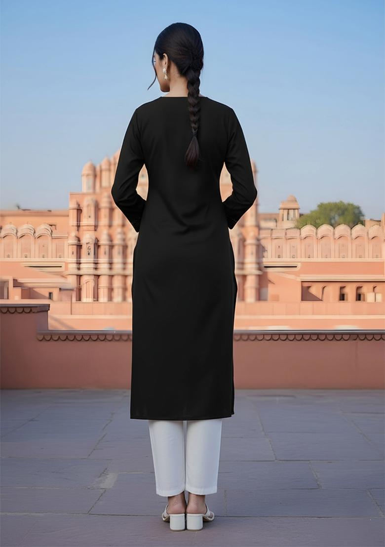 Black Embroidery Rayon Kurta Set - Indya