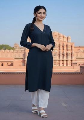 Navy Blue Embroidery Rayon Kurta Set