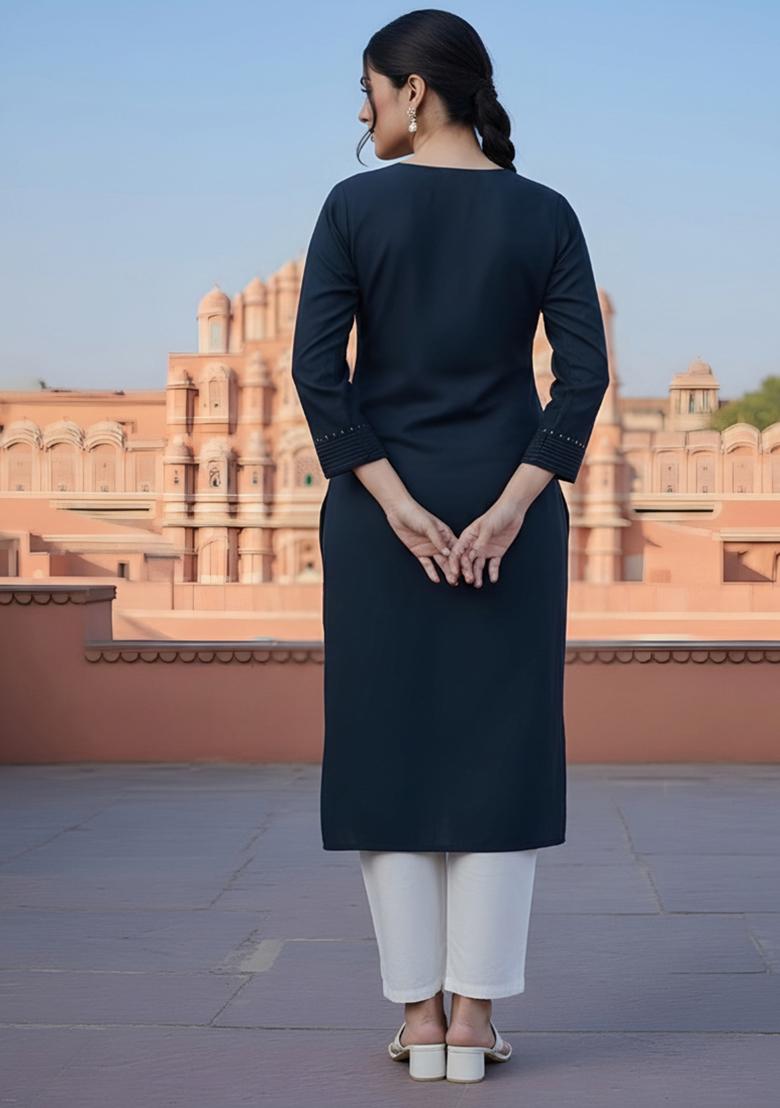 Navy Blue Embroidery Rayon Kurta Set - Indya