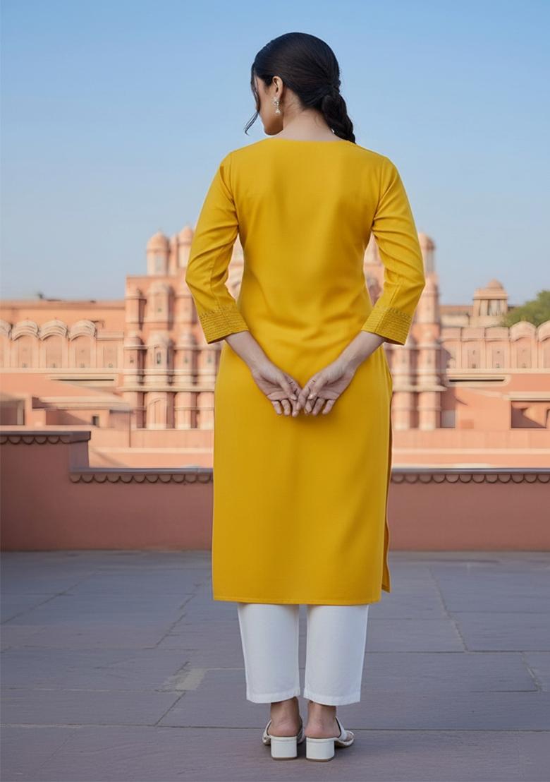 Yellow Embroidery Rayon Kurta Set - Indya