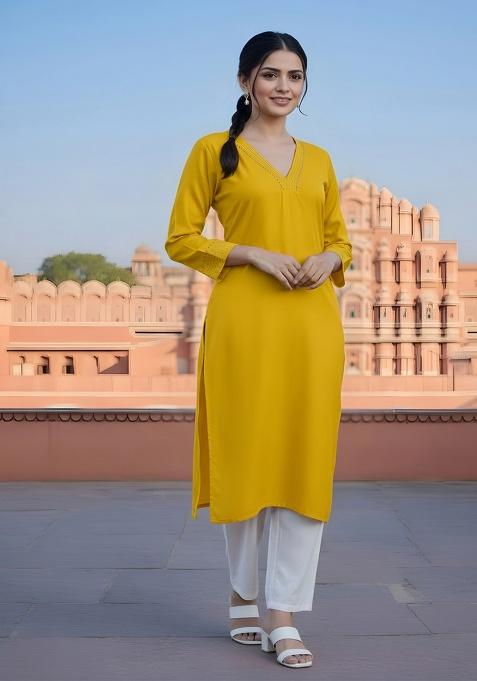Yellow Embroidery Rayon Kurta With Duppatta