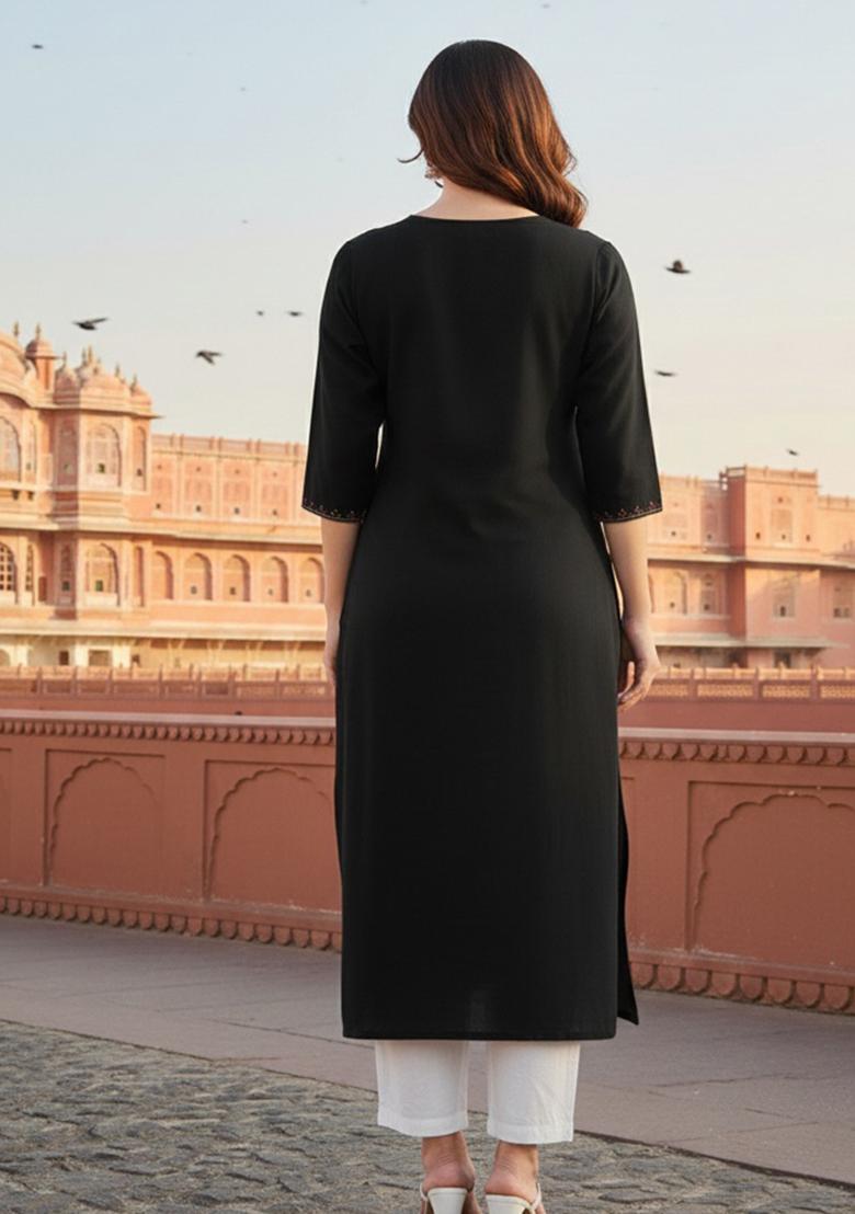 Black Embroidery Rayon Kurta Set - Indya