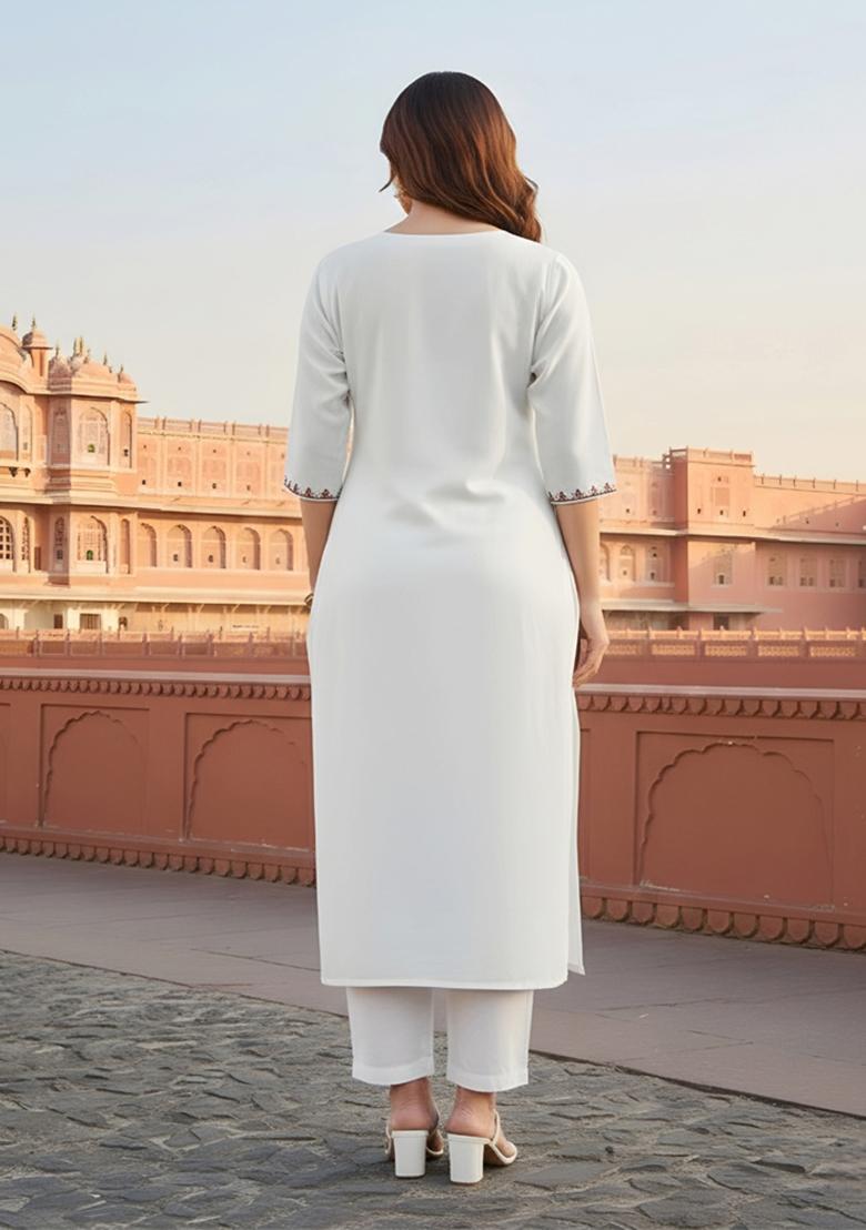 White Embroidery Rayon Kurta Set - Indya