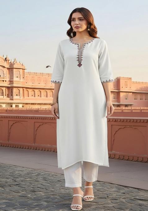 White Embroidery Rayon Kurta With Duppatta