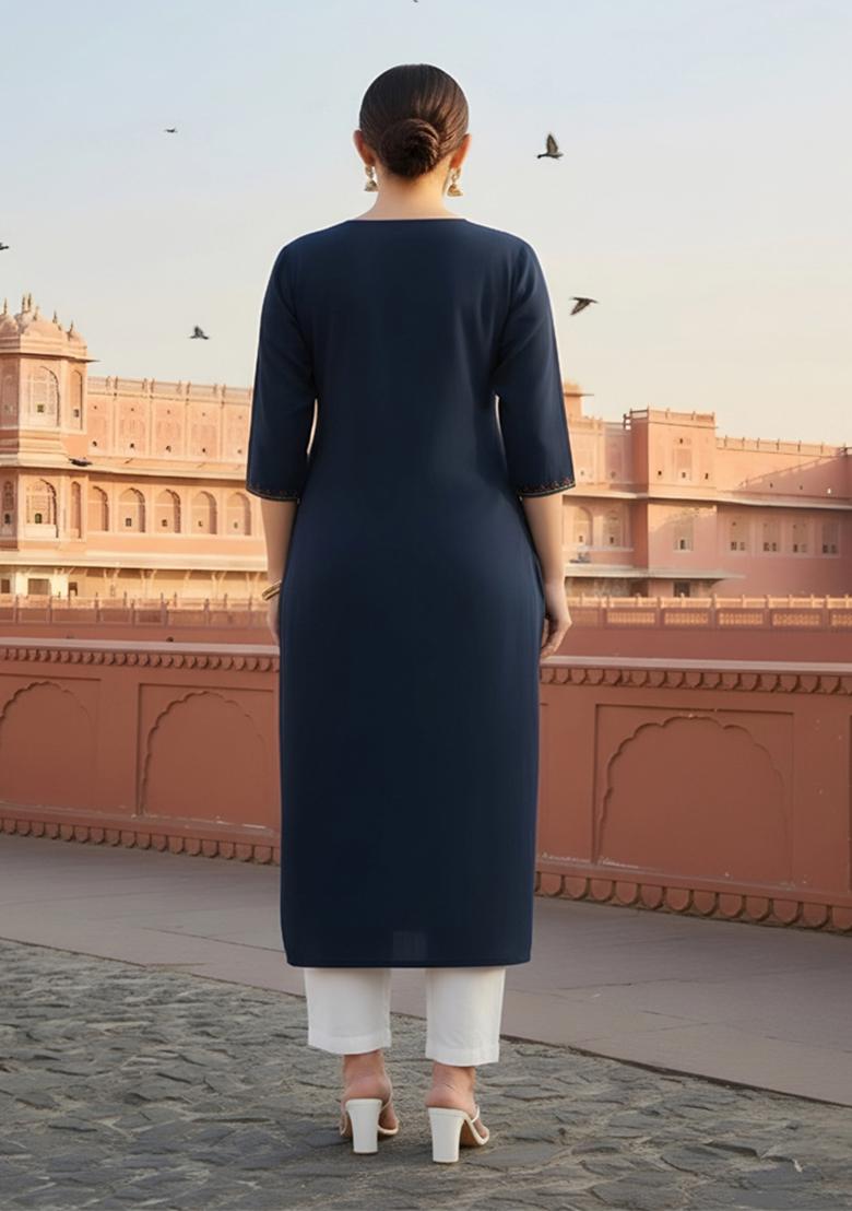Navy Blue Embroidery Rayon Kurta Set - Indya