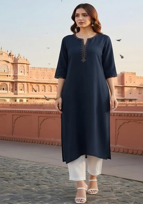 Navy Blue Embroidery Rayon Kurta With Duppatta
