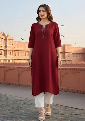 Red Embroidery Rayon Kurta Set