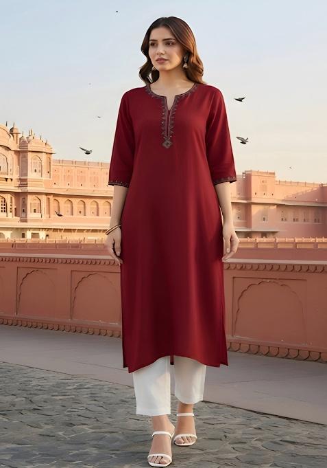 Red Embroidery Rayon Kurta With Duppatta