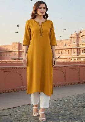 Yellow Embroidery Rayon Kurta Set