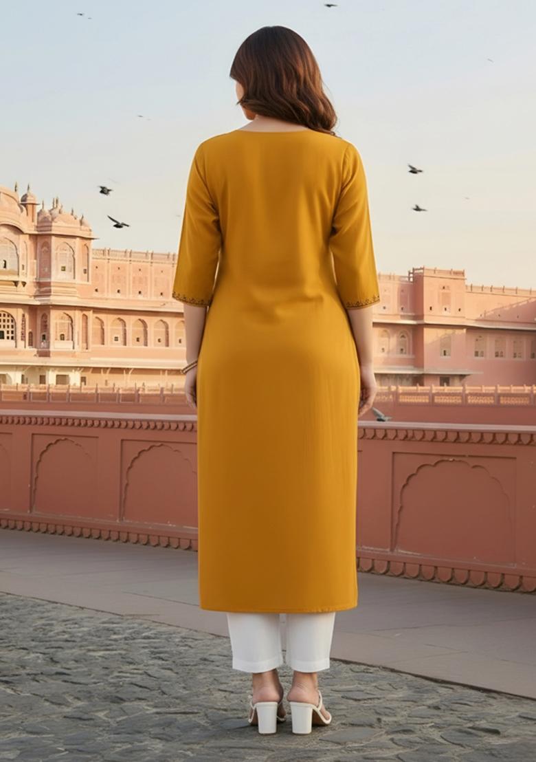 Yellow Embroidery Rayon Kurta Set - Indya