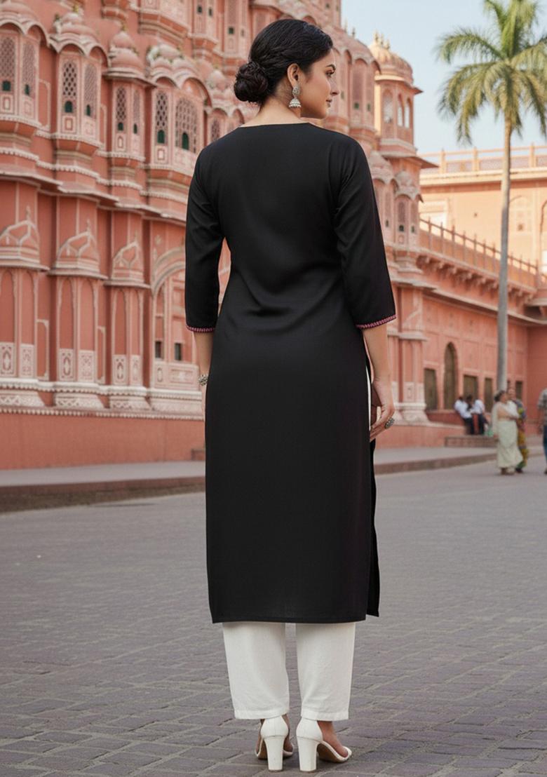 Black Embroidery Rayon Kurta Set - Indya