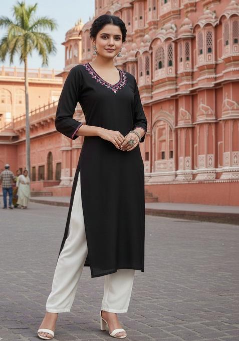 Black Embroidery Rayon Kurta With Duppatta