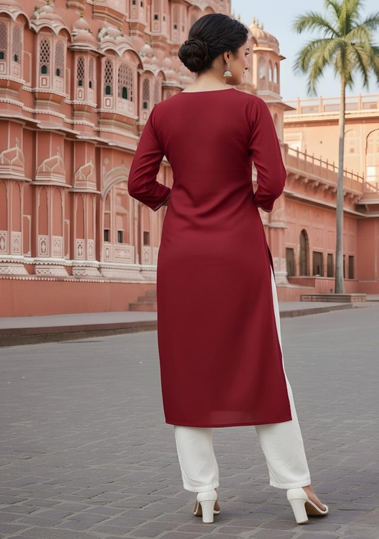 Red Embroidery Rayon Kurta Set - Indya