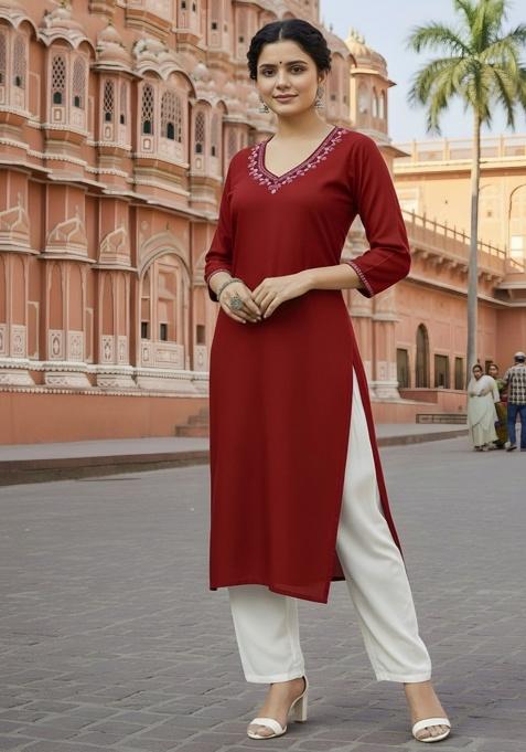 Red Embroidery Rayon Kurta With Duppatta