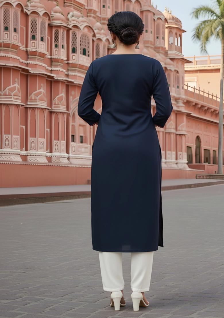 Navy Blue Embroidery Rayon Kurta Set - Indya
