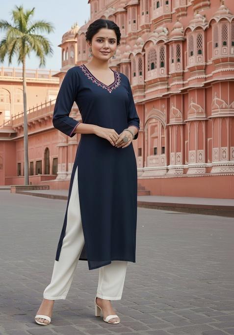 Navy Blue Embroidery Rayon Kurta With Duppatta