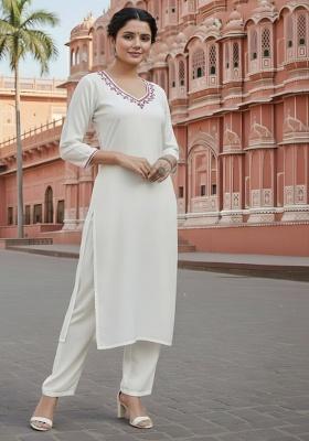White Embroidery Rayon Kurta Set