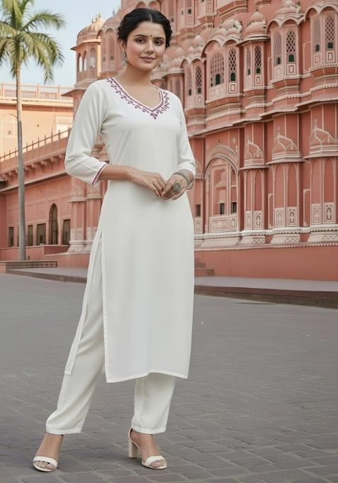 White Embroidery Rayon Kurta With Duppatta