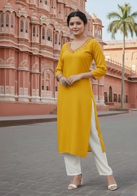 Yellow Embroidery Rayon Kurta Set