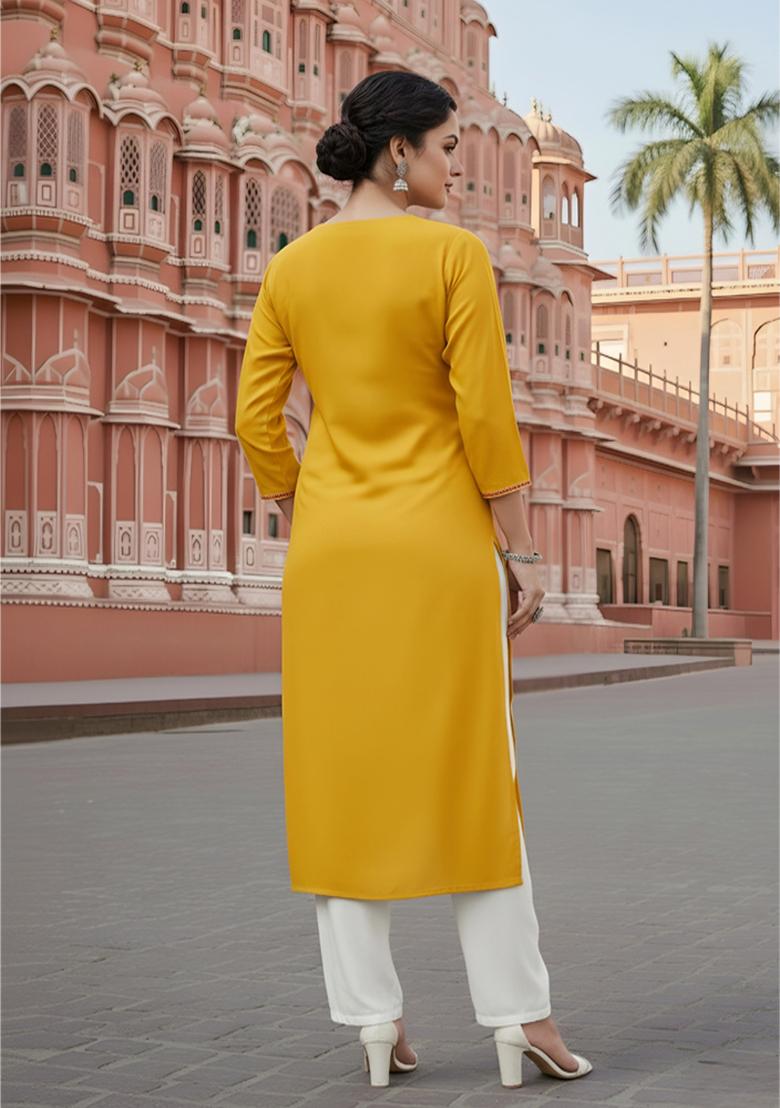 Yellow Embroidery Rayon Kurta Set - Indya