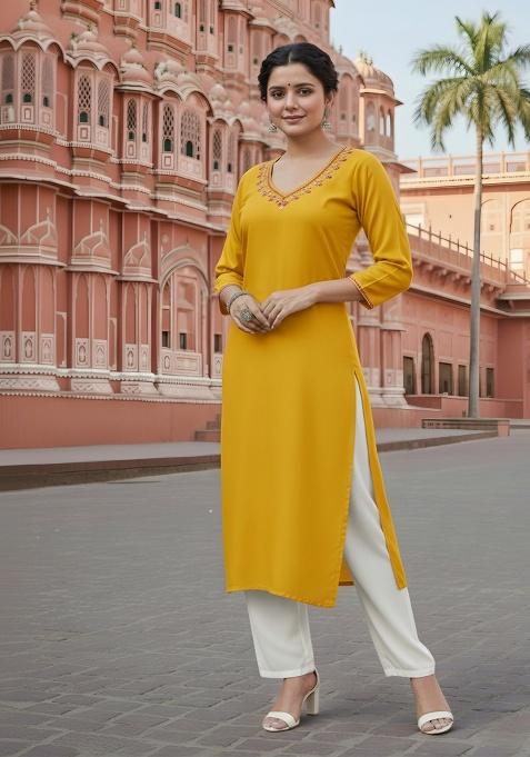 Yellow Embroidery Rayon Kurta With Duppatta
