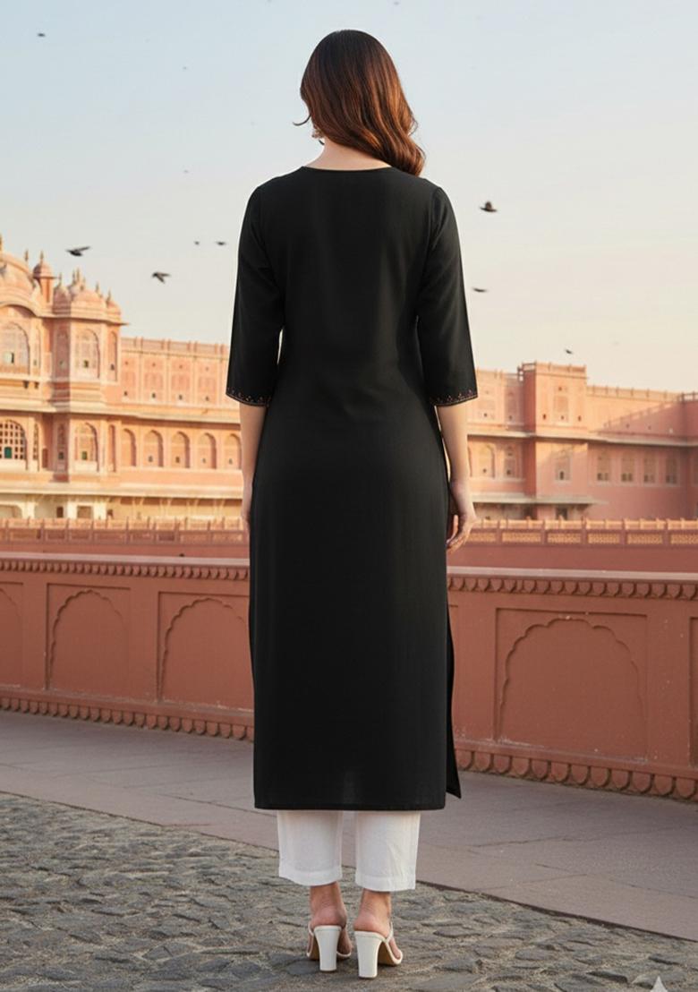 Black Embroidery Rayon Kurta Set - Indya