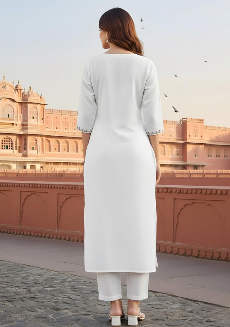 White Embroidery Rayon Kurta Set - Indya