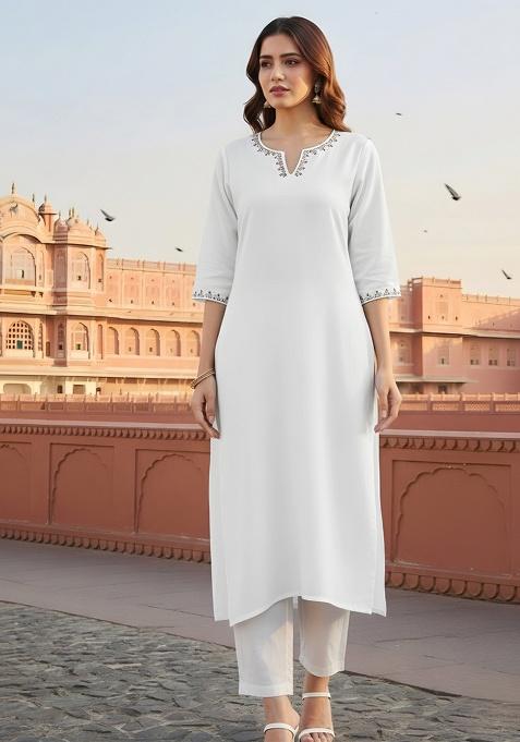 White Embroidery Rayon Kurta With Duppatta