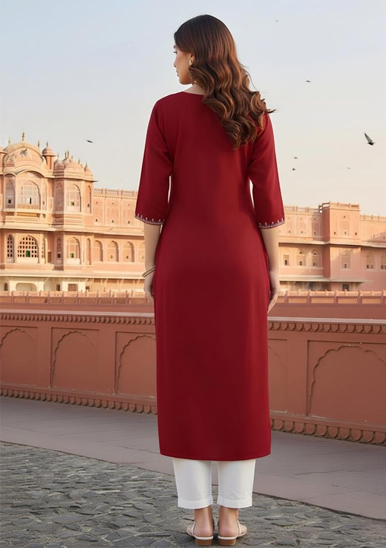 Red Embroidery Rayon Kurta Set - Indya