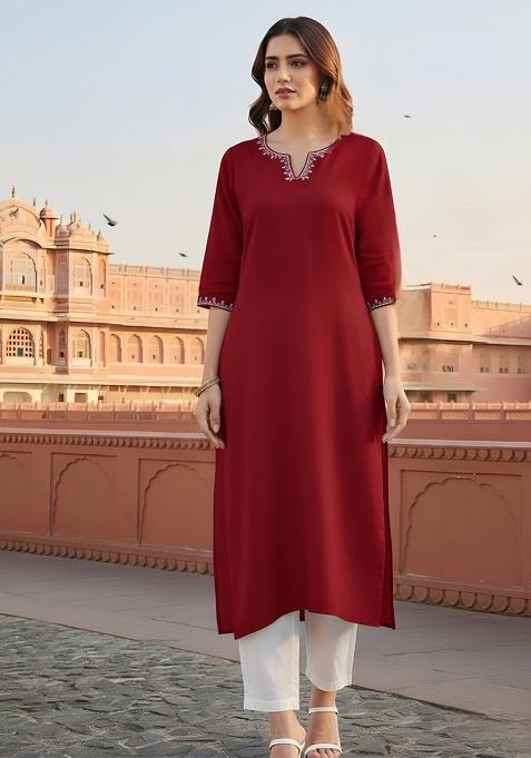 Red Embroidery Rayon Kurta With Duppatta