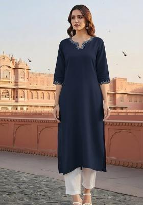 Navy Blue Embroidery Rayon Kurta Set