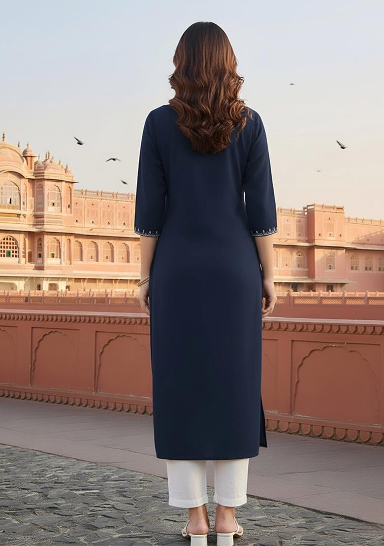 Navy Blue Embroidery Rayon Kurta Set - Indya