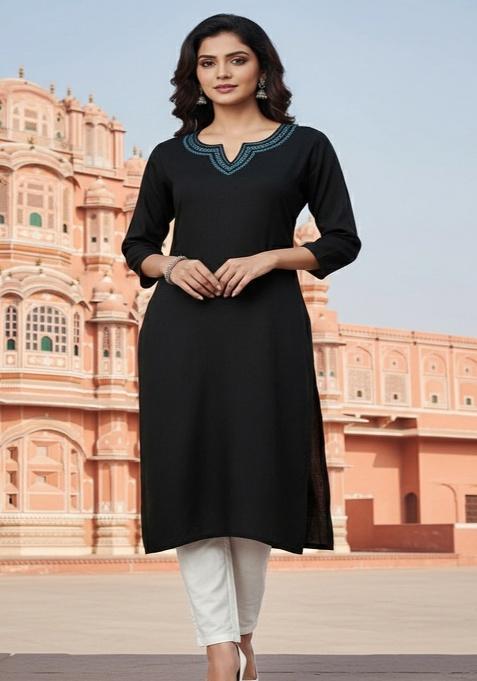 Black Embroidery Rayon Kurta With Duppatta