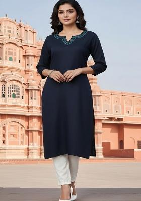 Navy Blue Embroidery Rayon Kurta Set