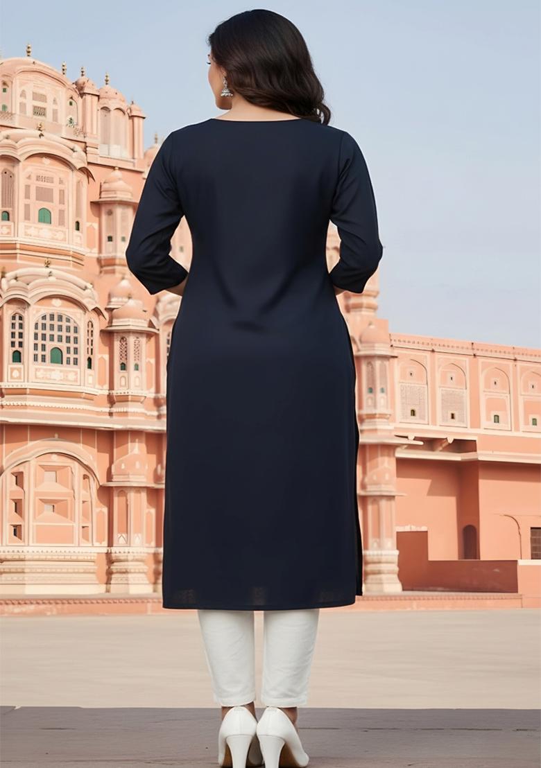 Navy Blue Embroidery Rayon Kurta Set - Indya