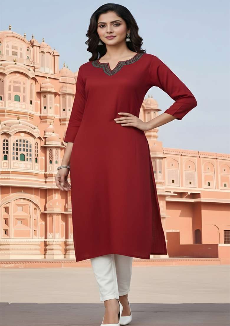 Red Solid Rayon Kurta Set - Indya