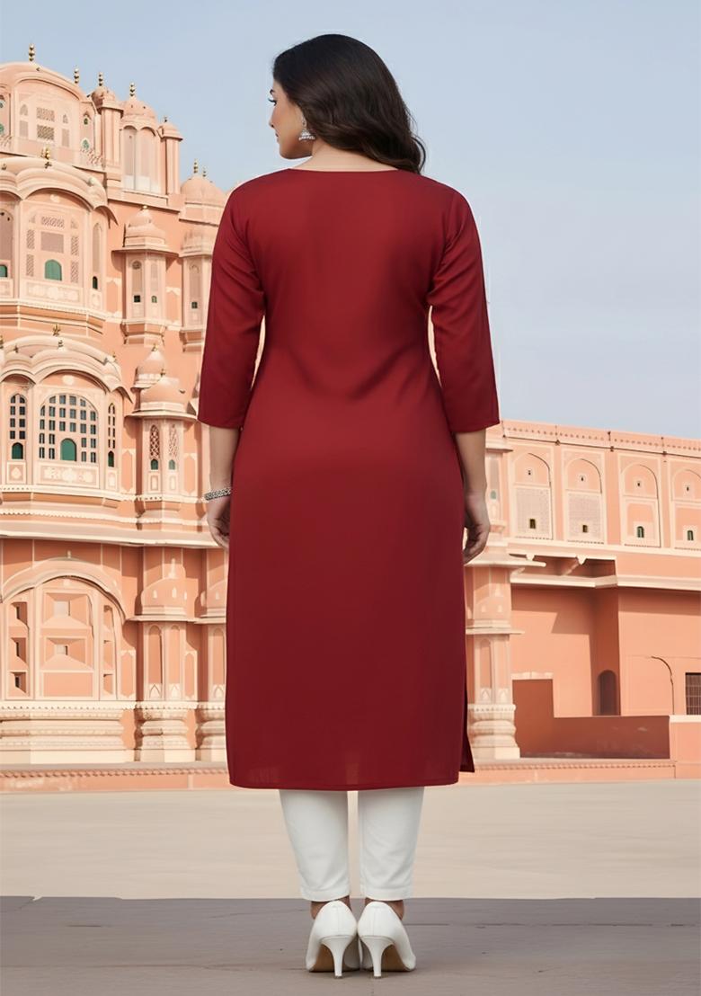 Red Embroidery Rayon Kurta Set - Indya