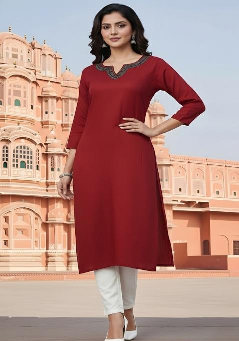 Red Embroidery Rayon Kurta With Duppatta