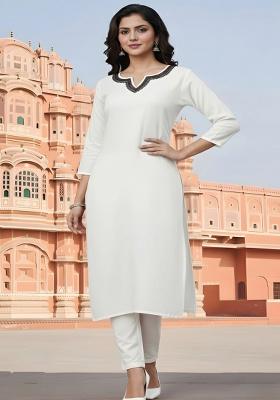 White Embroidery Rayon Kurta Set