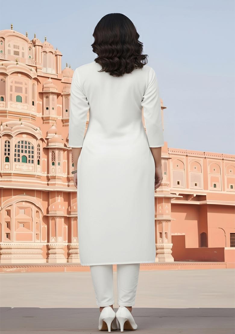White Embroidery Rayon Kurta Set - Indya