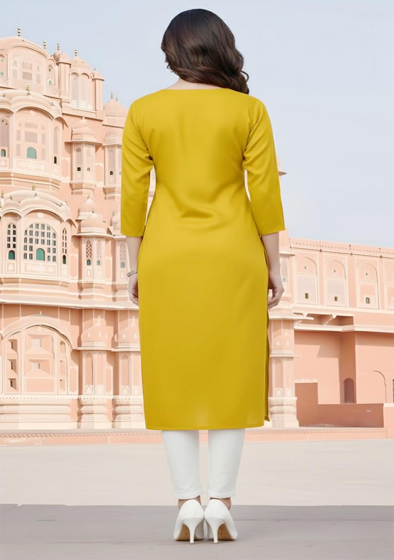 Yellow Embroidery Rayon Kurta Set - Indya