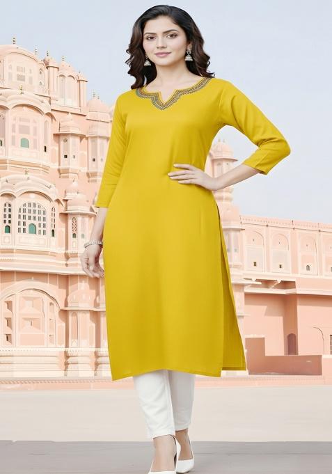 Yellow Embroidery Rayon Kurta With Duppatta
