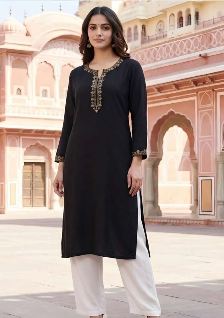 Black Embroidered Rayon Straight Kurta Set - Indya