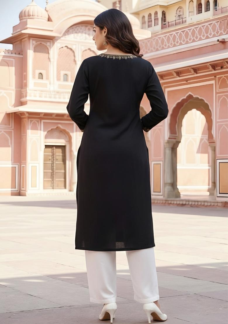 Black Embroidery Rayon Kurta Set - Indya