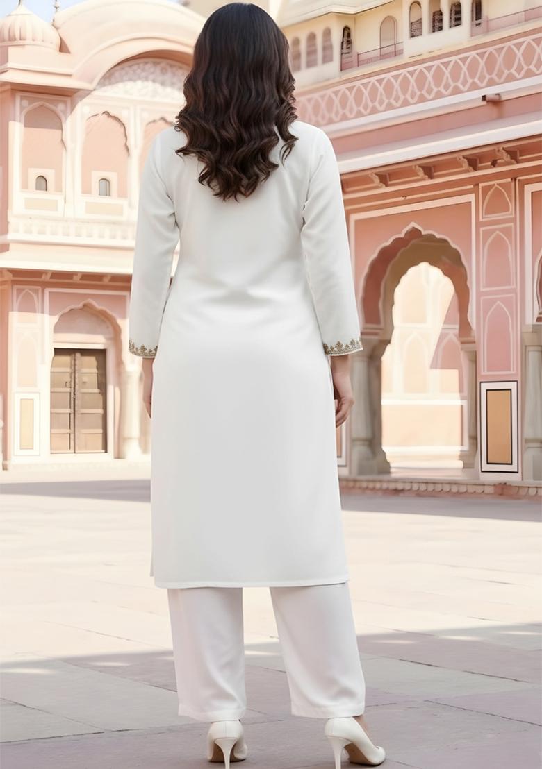 White Embroidery Rayon Kurta Set - Indya
