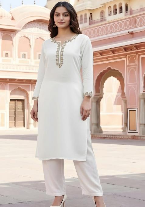White Embroidery Rayon Kurta With Duppatta